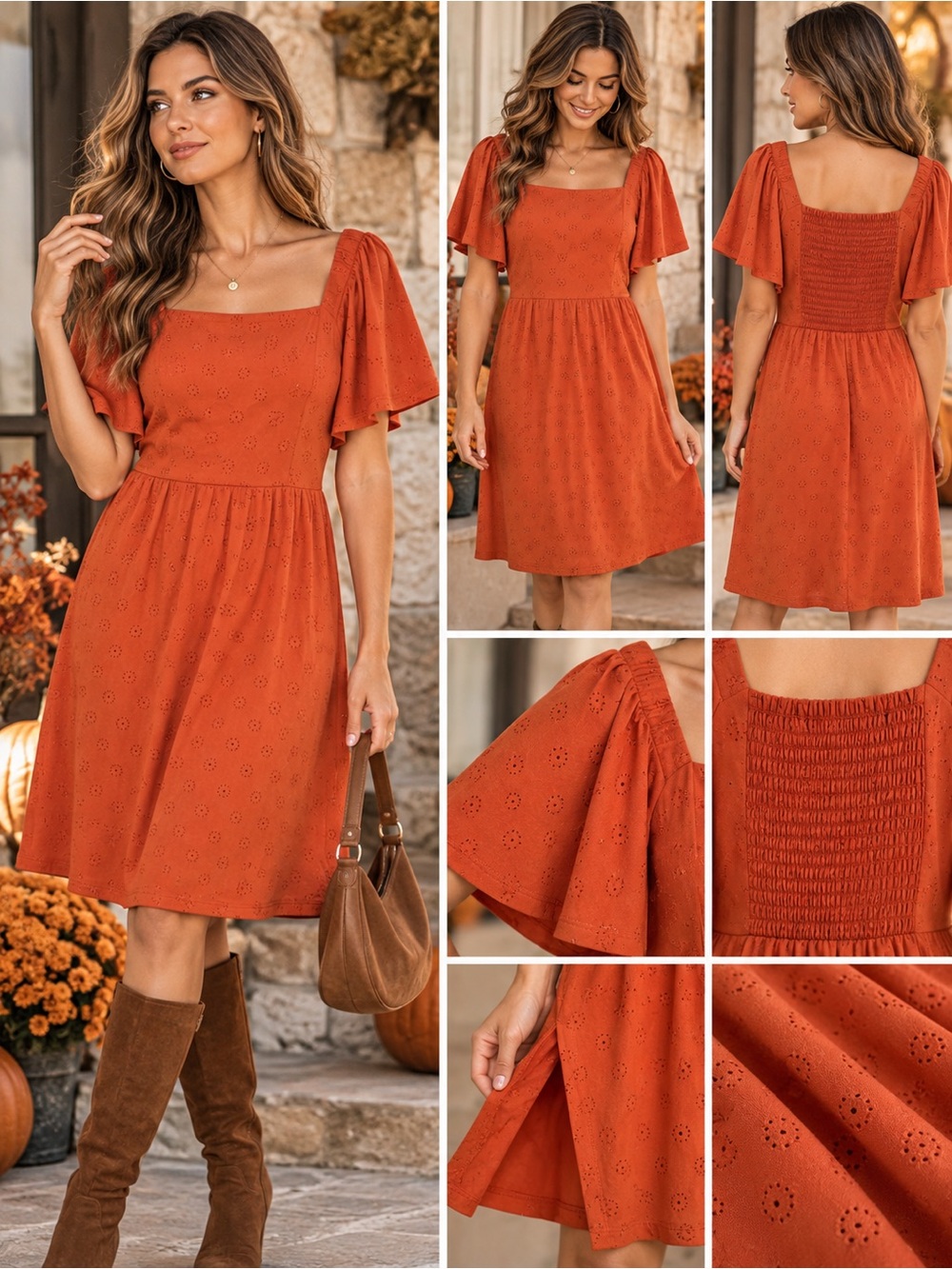 Market & Spruce Rust Orange Eyelet Flutter Sleeve Smocked Dress Medium